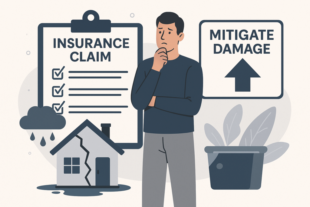 Illustration of a concerned homeowner reviewing an insurance claim next to a damaged house and a sign that says 'Mitigate Damage