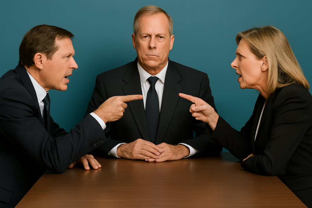 Two professional appraisers, a man and a woman, argue across a table while a serious-looking umpire sits between them, highlighting the tension in an insurance claim dispute resolution setting