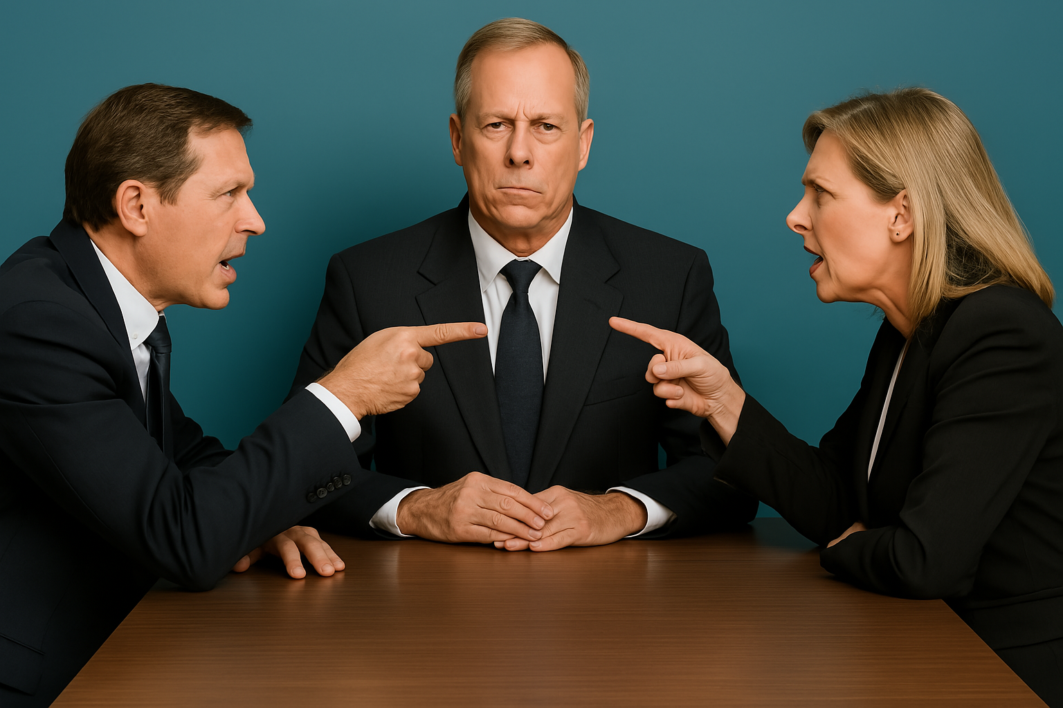 Two professional appraisers, a man and a woman, argue across a table while a serious-looking umpire sits between them, highlighting the tension in an insurance claim dispute resolution setting
