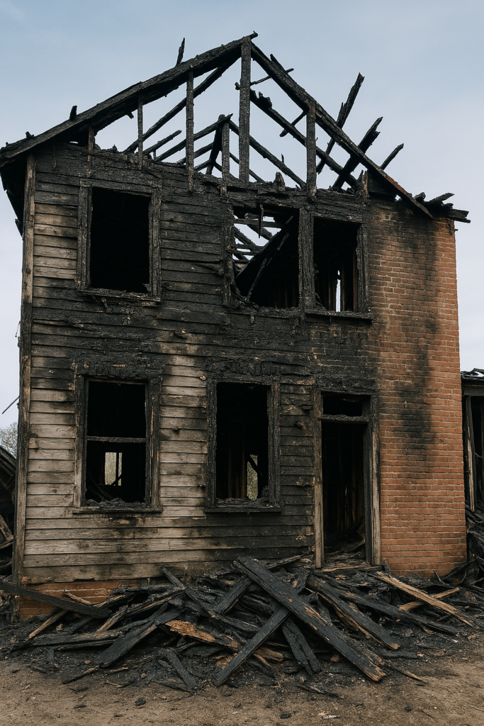 A severely fire-damaged two-story building with charred wood, broken windows, and collapsed roof beams, showing the aftermath of a destructive blaze