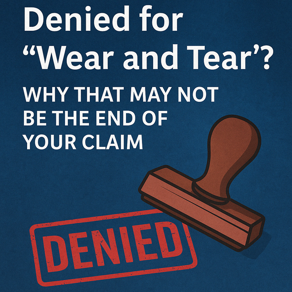 Rubber stamp next to a large red "DENIED" mark, with the headline "Denied for 'Wear and Tear'? Why That May Not Be the End of Your Claim" on a dark blue background