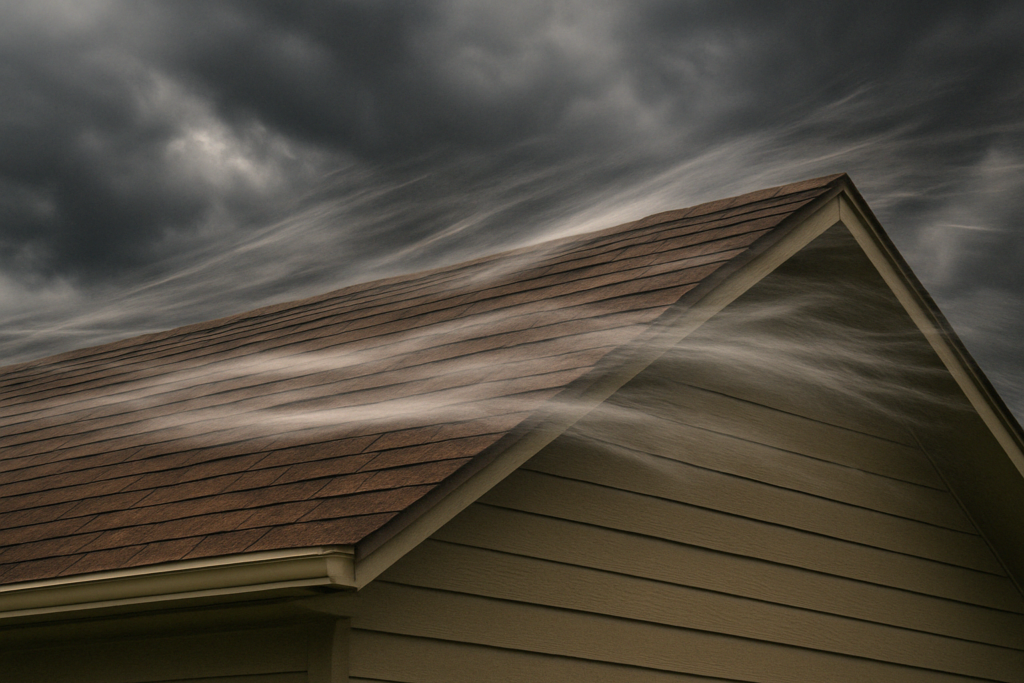 Strong winds sweep across the roof of a suburban house under dark storm clouds, illustrating the impact of a severe windstorm on shingles and roofing materials.