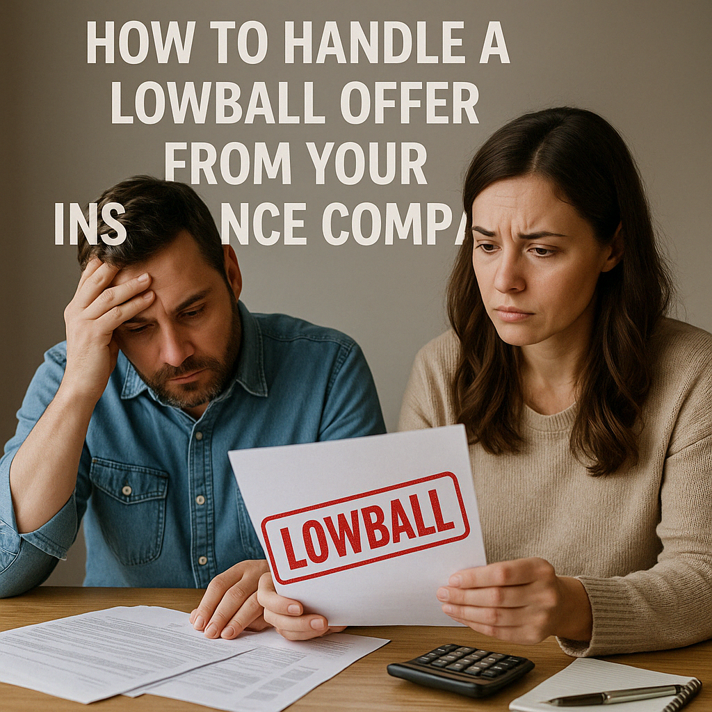 A worried husband and wife sit at a table reviewing financial documents, with the woman holding a letter stamped "LOWBALL" in red, representing a low insurance settlement offer.