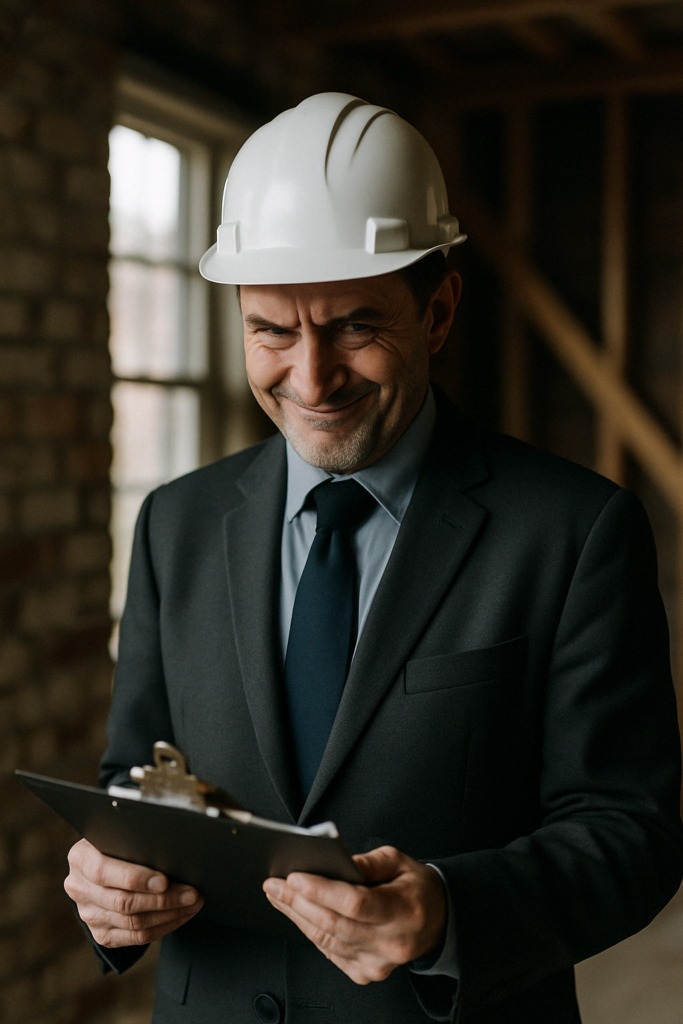 A middle-aged male engineer in a suit and white hard hat smirks while holding a clipboard, standing inside a partially constructed building with exposed brick and wooden beams.