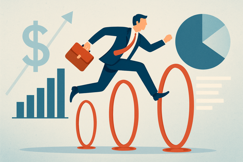"Illustration of a businessman in a suit jumping through multiple red hoops with financial charts and dollar symbols in the background, symbolizing the obstacles insurance companies create for claimants."